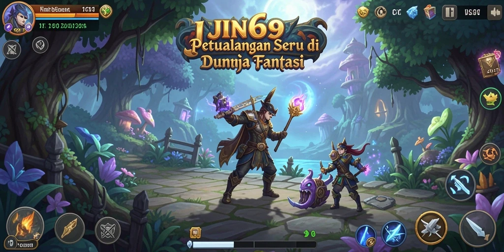 Screenshot gameplay JIN69 menampilkan karakter menjelajahi dunia fantasi.
