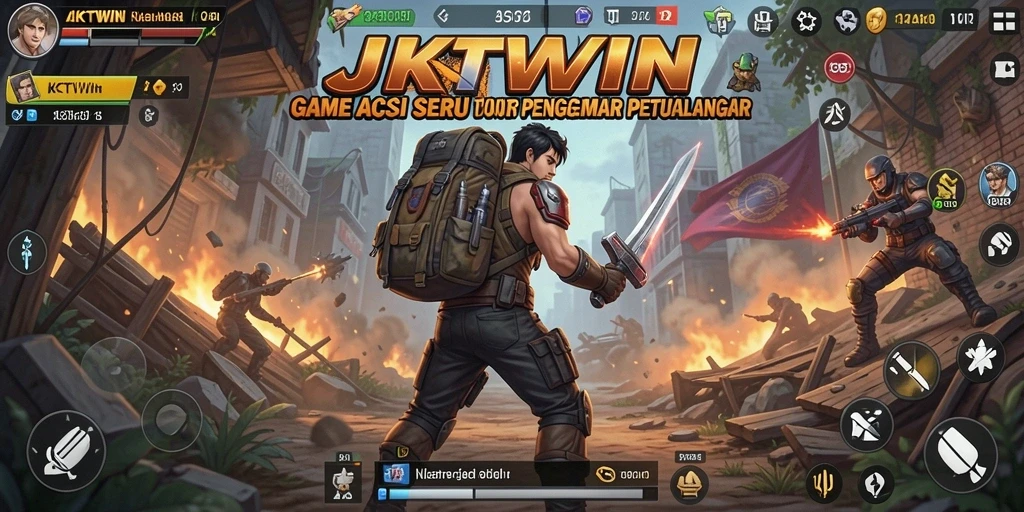 Gameplay seru JKTWIN dengan karakter beraksi di medan perang.