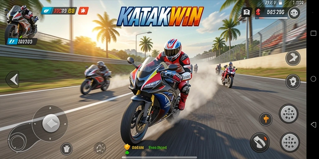 Tampilan gameplay KATAKWIN yang intens saat balap motor.