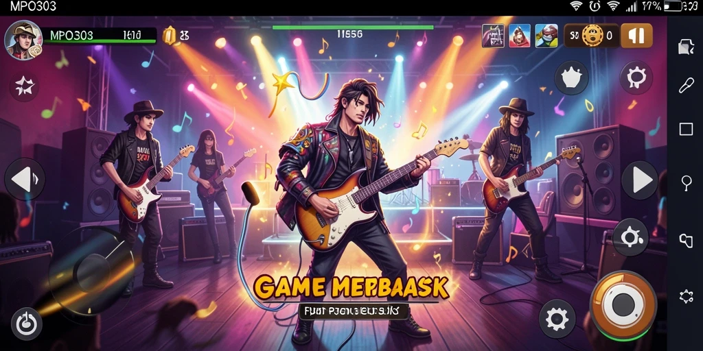 Screenshot MPO303 menampilkan gameplay interaktif dengan musik yang enerjik.