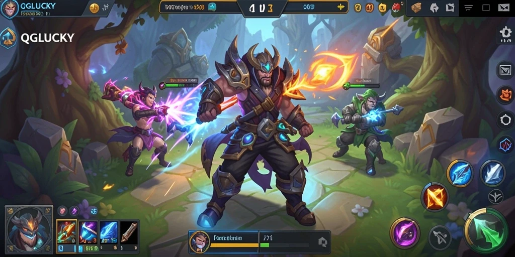 Screenshot utama QGLUCKY menampilkan aksi dinamis di arena MOBA.
