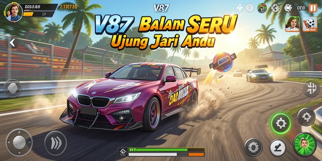 Screenshot gameplay V87, menampilkan aksi balapan yang mendebarkan.